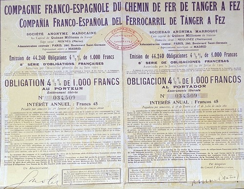 Maroc - Meknès & Paris - Bel Emprunt Cie Franco Espagnole CDF Tanger à Fez 1929 - Picture 2 of 2