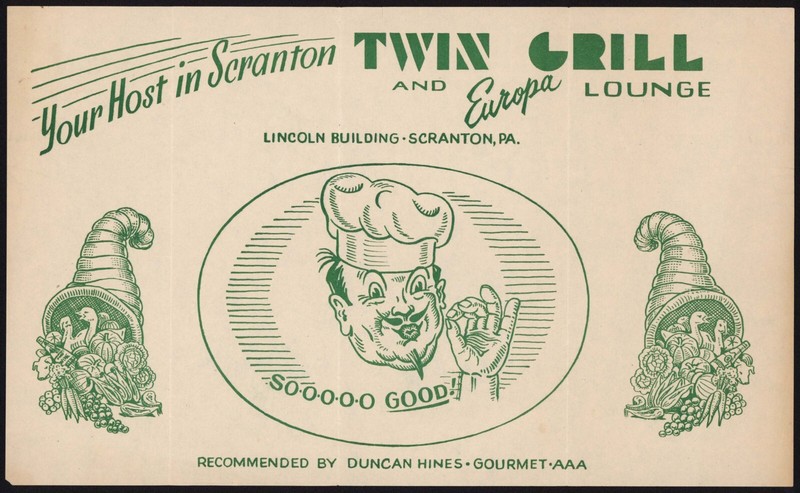 Vintage placemat TWIN GRILL Europa Lounge chef cornucopia Scranton Pennsylvania