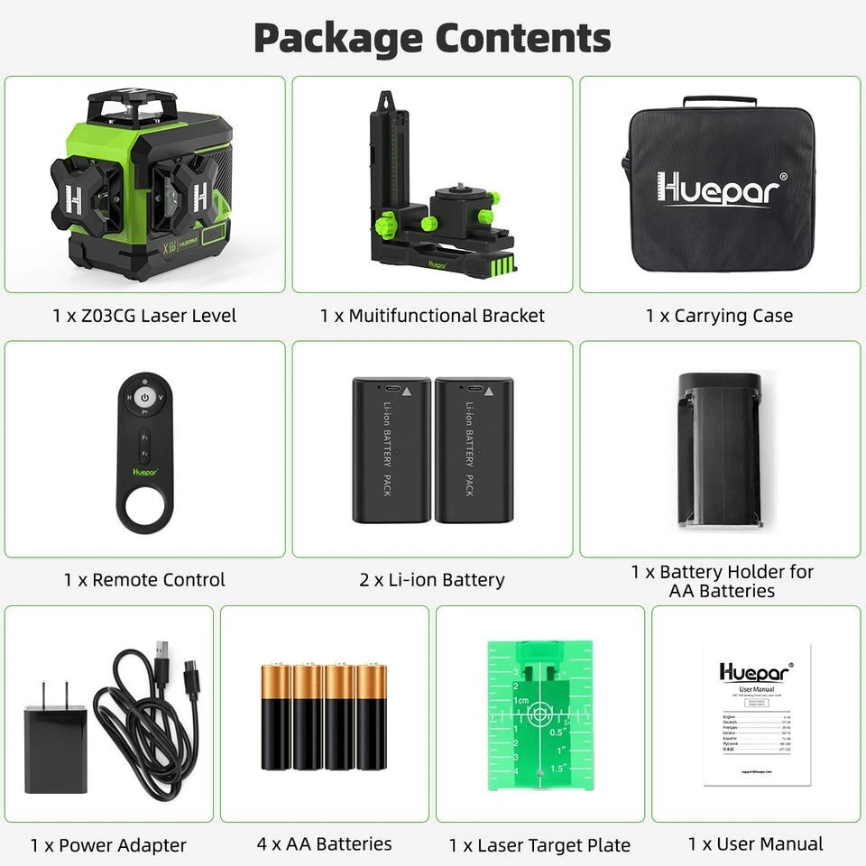 Huepar Z03CG 3D Green Beam Self-Leveling 3x360 Cross Line Laser Level - Image 3 of 4