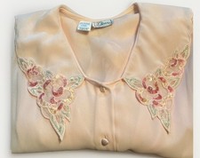 VTG SHEER Pink 2 Pc Pajamas Lingerie Satin Lacy Beaded Collar Elastic Waist SZ M