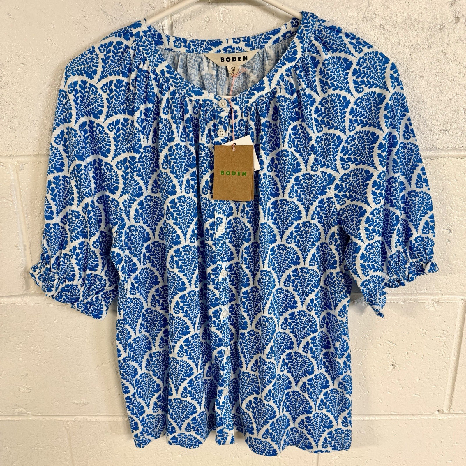 NEW Boden Isla Jersey Button Down Shirt Blue Blossomy Womens Size 8 Cottagecore
