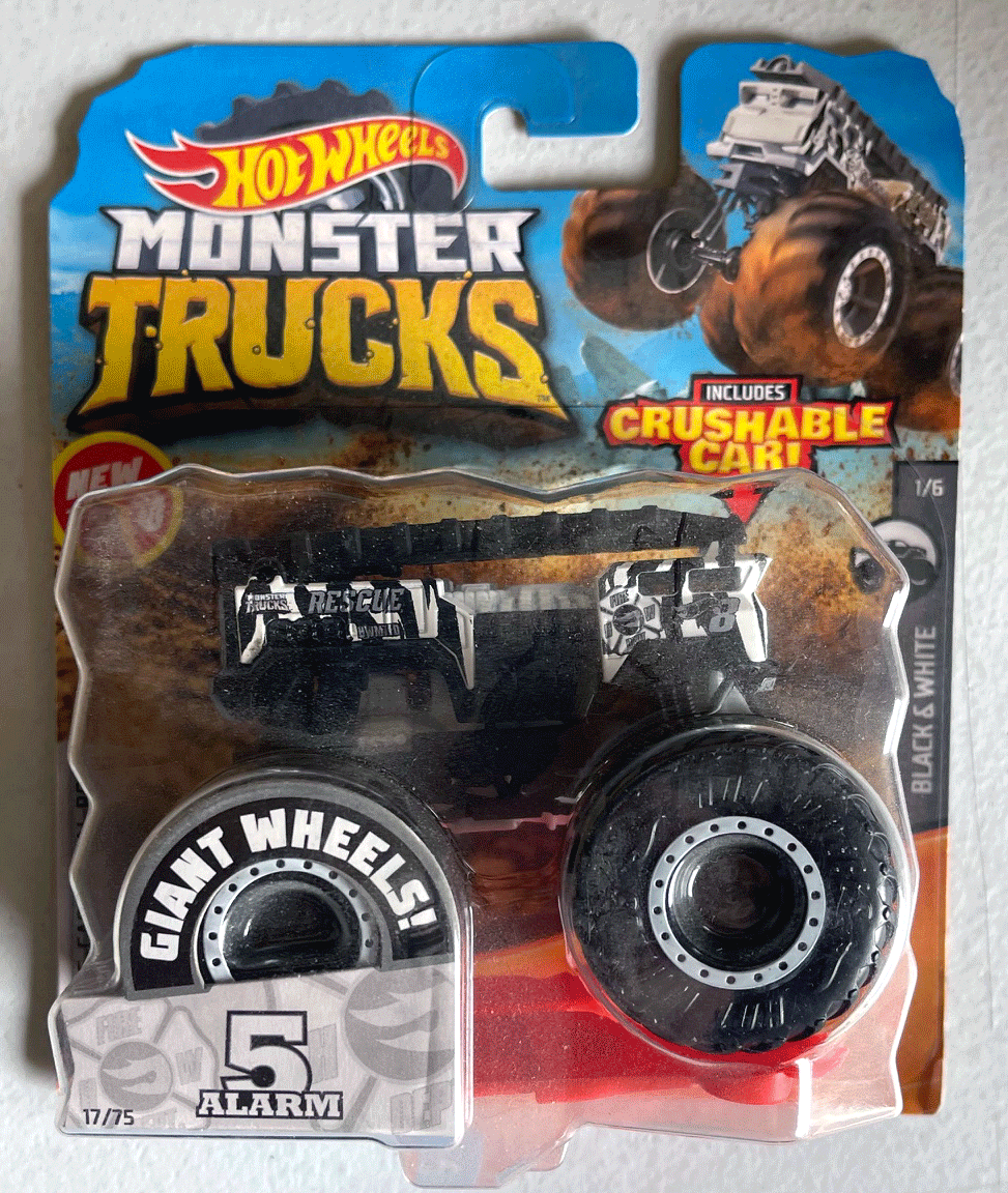 Hot Wheel Monster Truck 5 Alarm with Crushable Car Black White