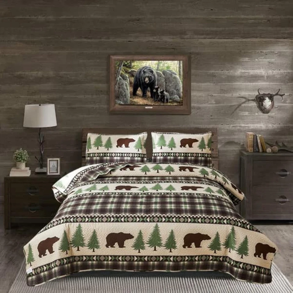 Elegant Rustic King Quilt Set: Plush Plaid Design with Pillow Shams Included - Image 3 of 4