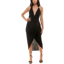 bebe Women's High Low Tea Length Halter V-Neck Dress, Black