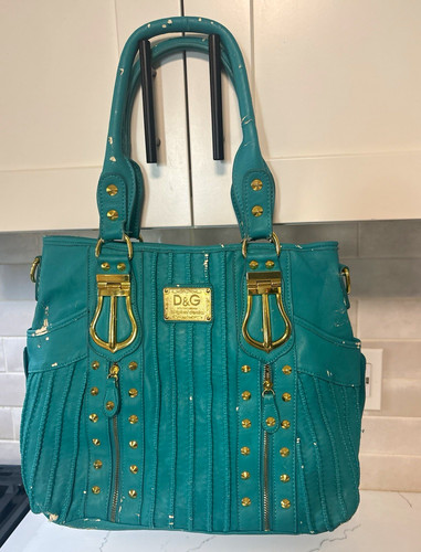 D&G Teal Large Satchel Top Handle Double Handles Zip Gold Studded Dust Bag