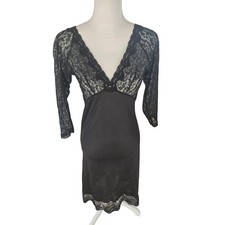 Vintage Babydoll Slip Dress 3/4 Sleeve Sheer Lace Black Fairy Goth V-Neck S/M