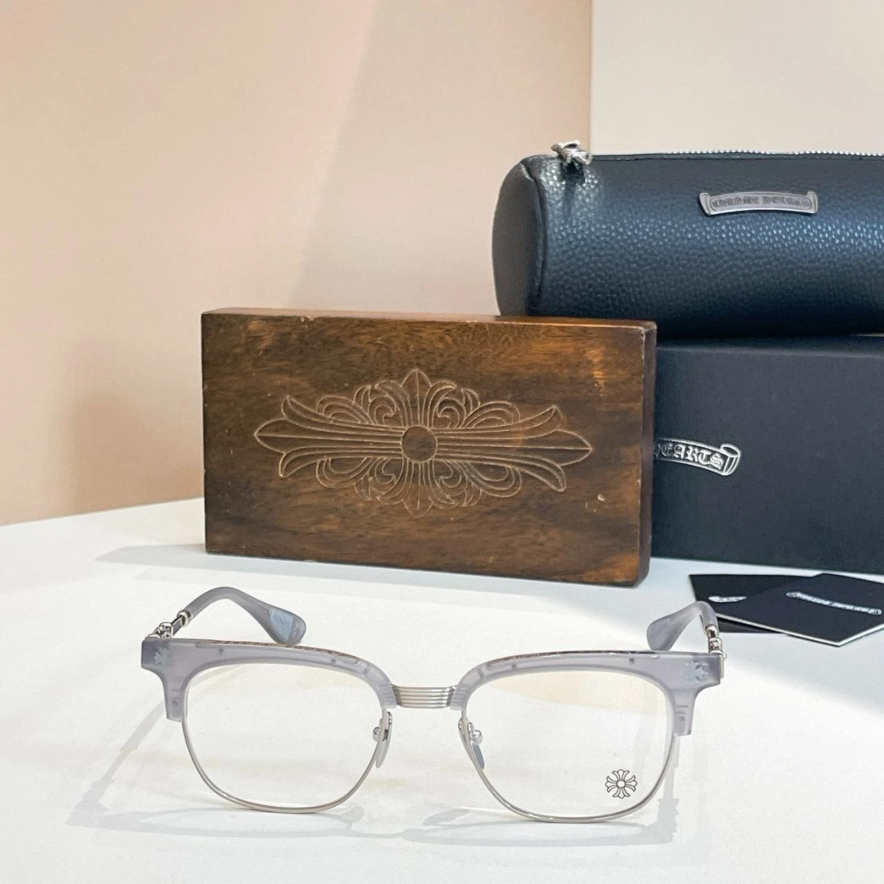 Chrome Hearts Style Clear Gray Eyeglasses Frame Square Metal Half Rim Designer L