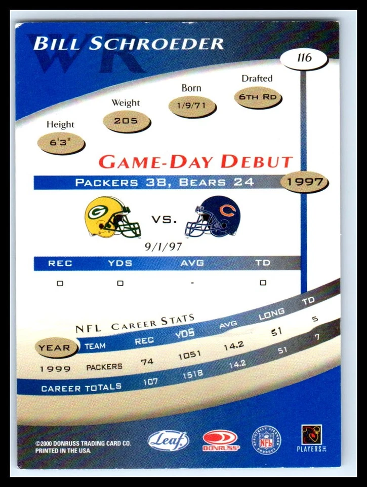 2000 Quantum Leaf #116 Bill Schroeder   MT-NRMT   Football Card - Image 2 of 2