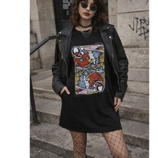 Black Graphic T Shirt Dress Size M Queen of Hearts Indie Sleaze Streetwear Artsy