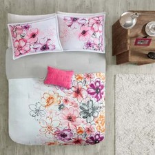 VIBRANT CHIC PINK GREY PURPLE CORAL BRIGHT SOFT FLOWER WATERCOLOR COMFORTER SET
