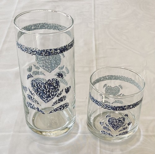 VINTAGE Drinking Glass Tumblers BLUE HEARTS 10-Piece Set - Picture 5 of 8