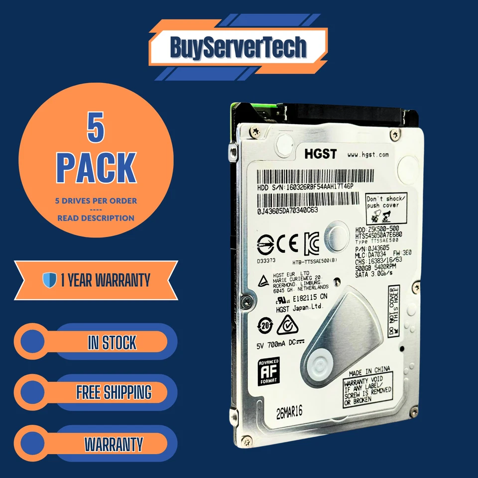 Lot of 5 HGST 500GB 2.5" SATA 5400RPM HDD | HTS545050A7E680 | Laptop PS4 XBOX - Image 2 of 4