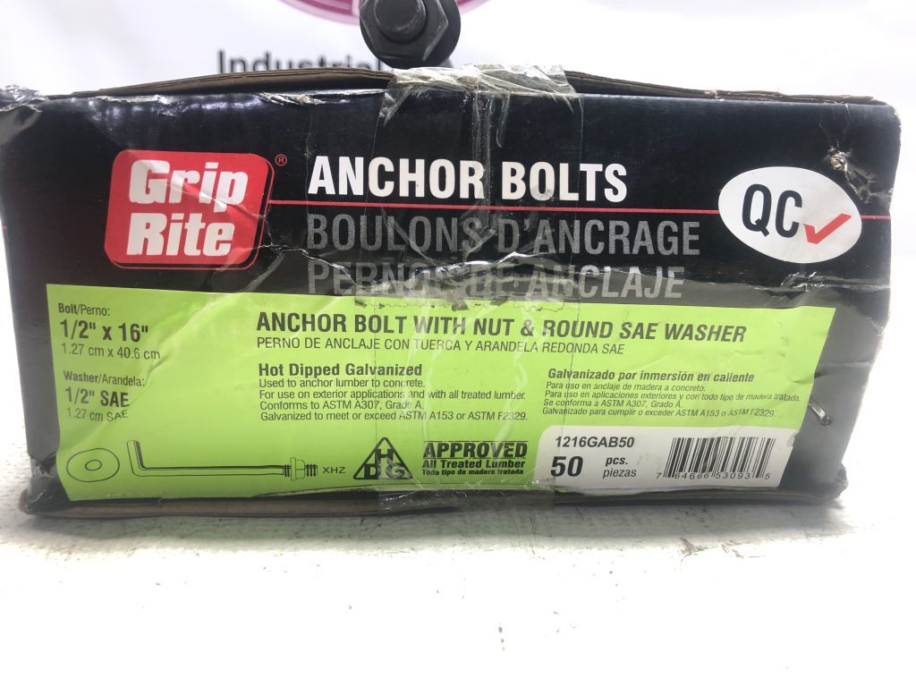 Grip Rite 1/2 X 16 Inch Galvanized Anchor Bolts With Nuts & Washers - 50-Pack Box For Construction