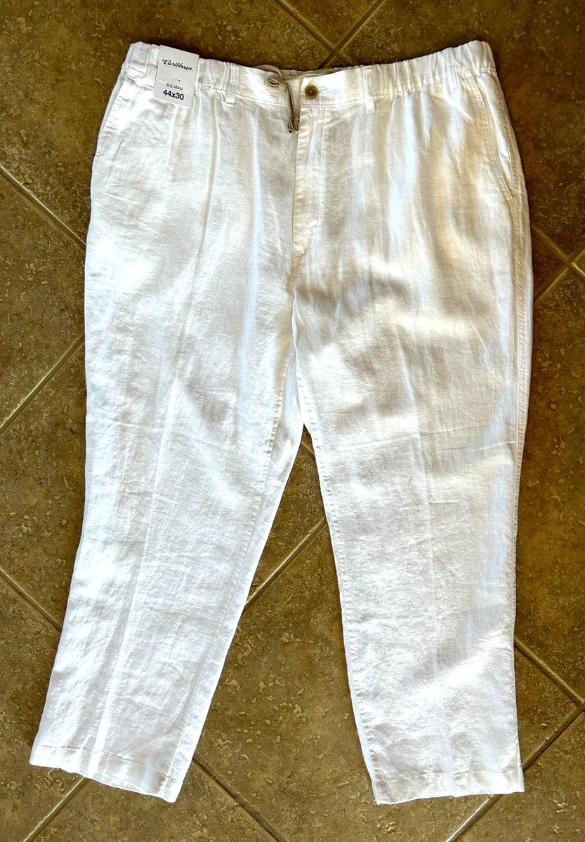 Caribbean 100% Linen Pants Mens 50 x 30 Big & Tall White w Caribbean 100% Linen Pants Mens 50 x 30 Big & Tall White w