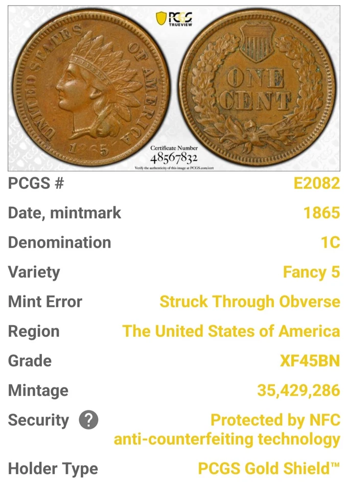 1865 P Fancy 5 Struck Through Indian Head Cent PCGS XF 45 (Observe Die Clash?) - Image 4 of 4