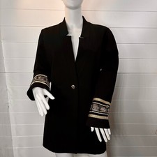 Chicos Blazer Jacket Sz 1/medium Womens Black Ponte Cuff Detail Gold Embroidered