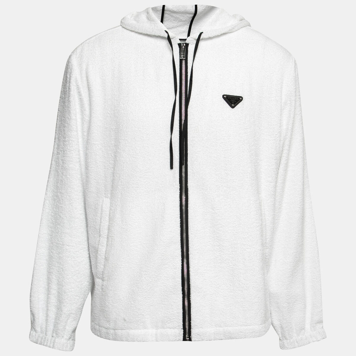 Prada White Terry Cloth Enameled Metal Logo Hoodie Jacket L Prada White Terry Cloth Enameled Metal Logo Hoodie Jacket L