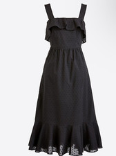 J Crew Clip Dot Midi Dress women's 2 black ruffle hem sleeveless lined Cotton