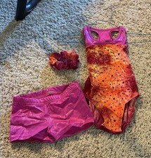 Girls Balera Dance Costume Leotard Shorts Pink Orange Sparkles Child Small