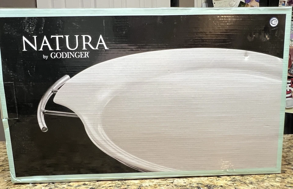 NIB Natura by Godinger Porcelain Serving Platter with Chrome Rack 11”x16” White - Image 3 of 4