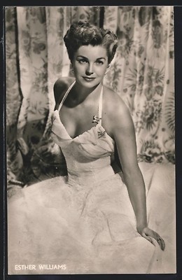 AK Schauspielerin Esther Williams trägt ein weißes Abendkleid mit Schmetterling 