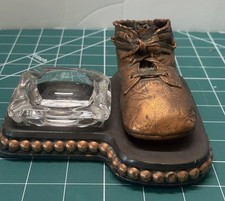 Vintage 1940s/50s Bronzed Baby Shoe Glass Ashtray Trinket Dish Copper Base