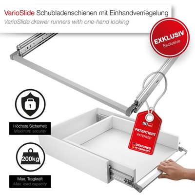 VarioSlide Vollauszüge Einhandverriegelung 500-1500 mm 200kg Auszugsystem SOTECH