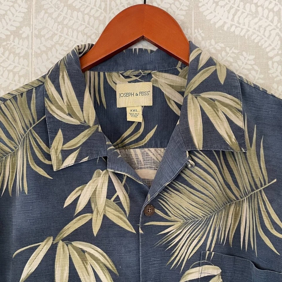 Joseph & Feiss Silk Blue Floral Palm Tropical Camp Collar Button Down Shirt, XXL - Image 3 of 4