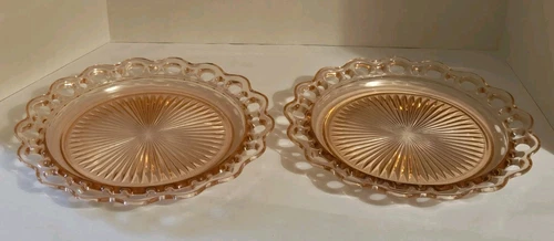 Set of 2 VTG Anchor Hocking Pink Depression Glass Old Colony Lace Edge Platter