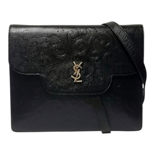 Yves Saint Laurent Arabesque Shoulder Clutch Bag Embossed Leather Black Gold