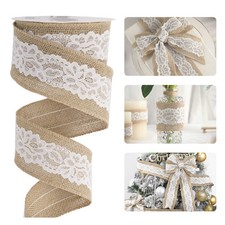 Burlap Ribbon with Lace Wired Ribbon White Lace Jute Burlap Ribbon for Wreath...