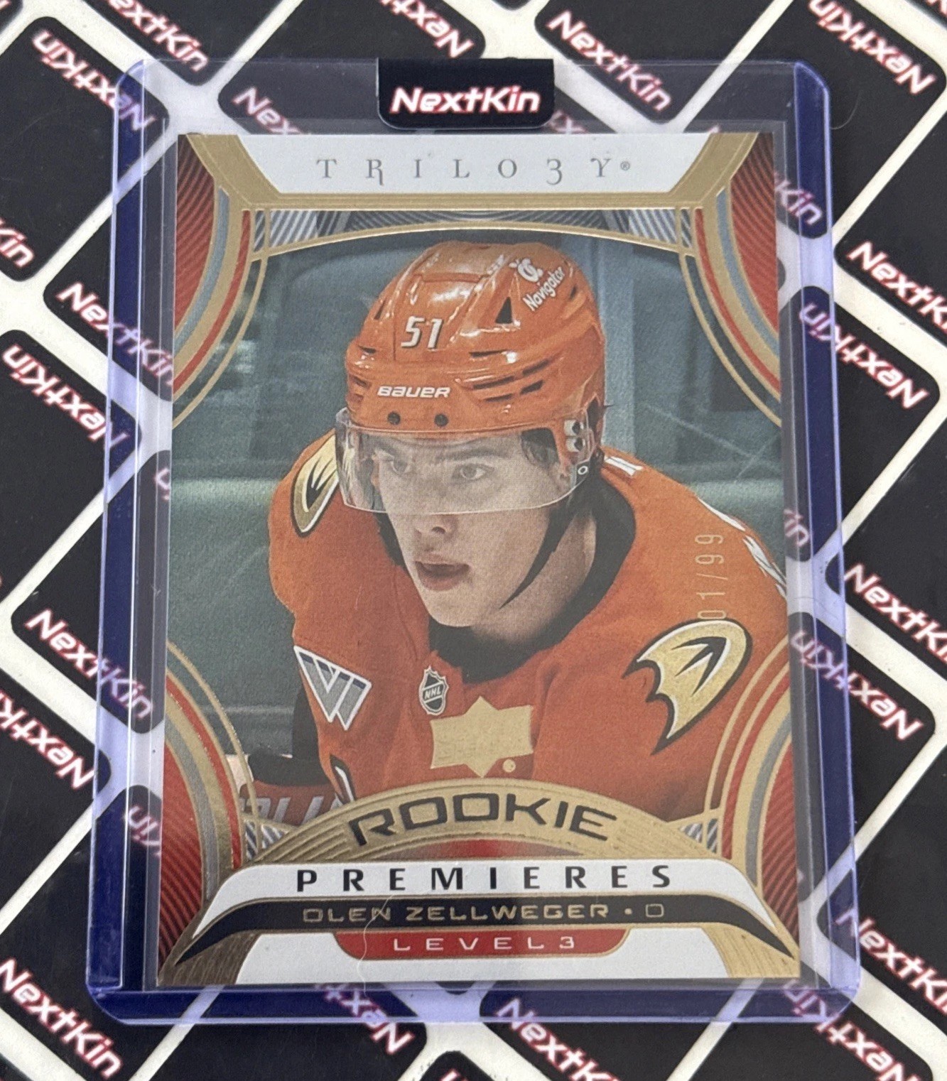 Olen Zellweger Level 3 /99 2024-25 Upper Deck Trilogy T-18 Rookie Ducks Book End