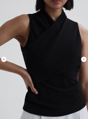 REISS Eli Sleeveless Wrap Front Top in Black  Size Large RRP £118 BNWT