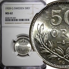SWEDEN Gustaf V Silver 1928 G 50 Ore NGC MS62 KM# 788 (007)