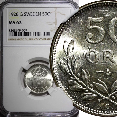 SWEDEN Gustaf V Silver 1928 G 50 Ore NGC MS62 KM# 788 (007)