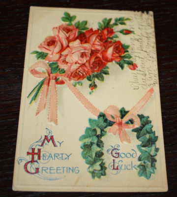 Antique Embossed Good Luck Post Card - Roses and Ivy Wreath | eBay