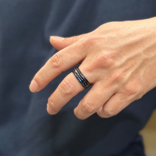 Anillo de tungsteno negro personalizado piedra arenisca azul y meteorito banda espacial galaxia - Imagen 7 de 9