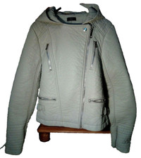 F&f Grey Faux Leather Pu Hooded Biker Jacket S Uk6us2eu32 Chest C32ins C81cms
