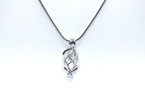 Silver Oval Basket Pearl Cage Charm Pendant Necklace - Crystal Bead Locket - Picture 5 of 29