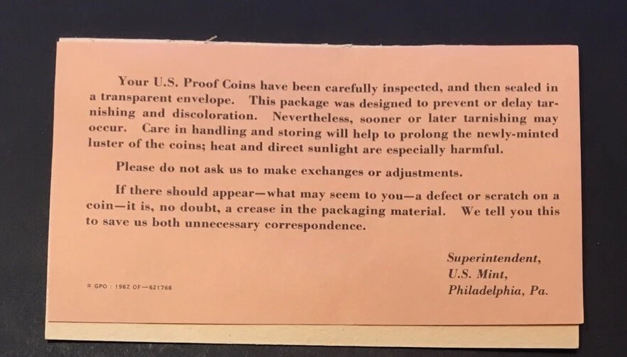 Excellent 1962-P Uncirculated U.S. Mint Proof (5) Coin Set w/ Envelope and COA - Image 2 of 4