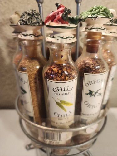 Portaspezie vintage Au Printemps giostra gourmet metallo vetro 9 bottiglie coperchi scolpiti - Foto 9 di 12