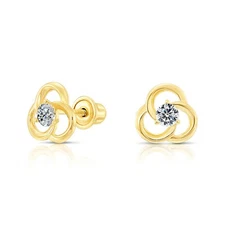 10K Real Solid Yellow Gold Open Flower CZ Sleeper Studs Earrings Screw-back