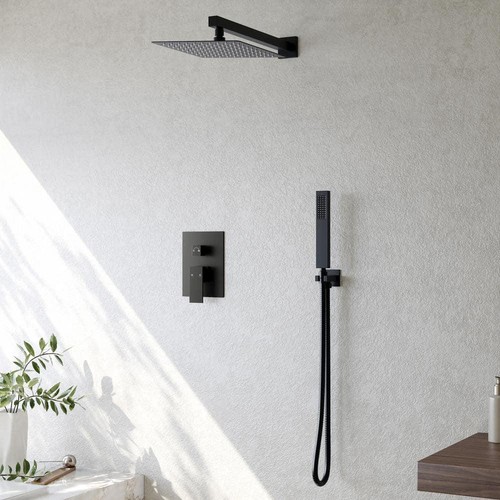 EVERSTEIN Dual Shower Head Fixed 10" Wall Mount Pressure Balance Matte Black - Picture 4 of 9