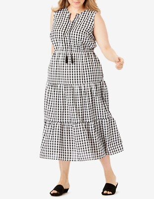 Woman Within Plus Size Black Gingham Sleeveless Tiered