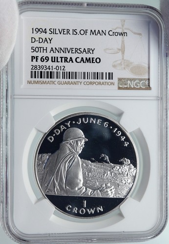 1994 ISLE of MAN 1944 D-DAY WWII General BRADLEY PF Silver Crown Coin NGC i86020 - Picture 3 of 5