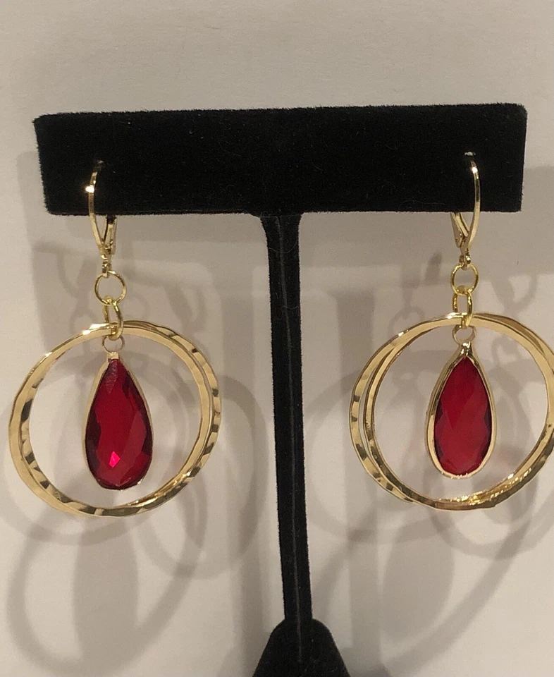 14k Solid Gold Leverbacks w 14k Gold w Silver Core Circle w Red Amber Crystals - Image 2 of 4