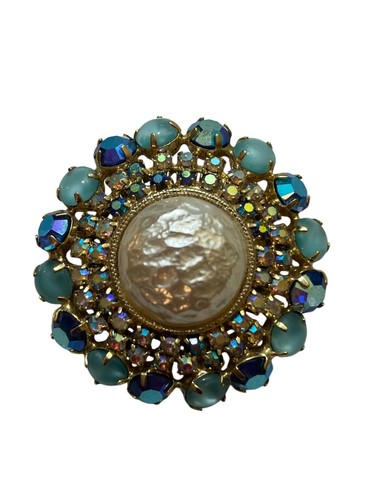 Vintage Barocke Brosche Kunstperlen blau satiniert Glas Cabochon AB Strass goldfarben