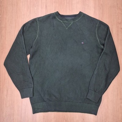 Tommy Hilfiger Strickpullover Herren S Dunkelgrün Baumwolle Flag Logo V-Neck 