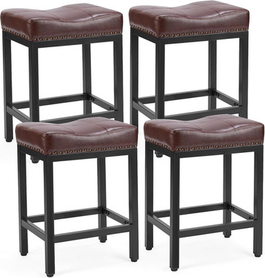 Set of 4 Modern 24'' Saddle Bar Stools with Curved PU Leather and Footrest