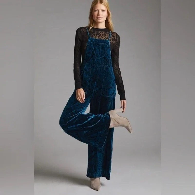 Mono de pierna ancha damasco terciopelo azul Anthropologie talla M de Anthropologie Foto 2 de 4